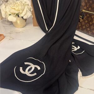 CHANEL Black and White Silk Scarf